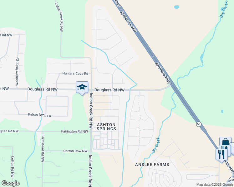 map of restaurants, bars, coffee shops, grocery stores, and more near 72 Douglass Road Northwest in Huntsville