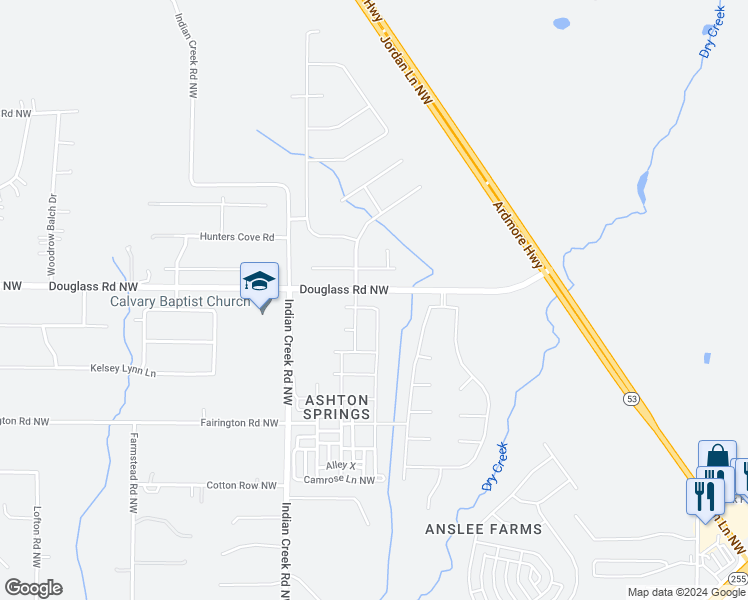 map of restaurants, bars, coffee shops, grocery stores, and more near 72 Douglass Road Northwest in Huntsville