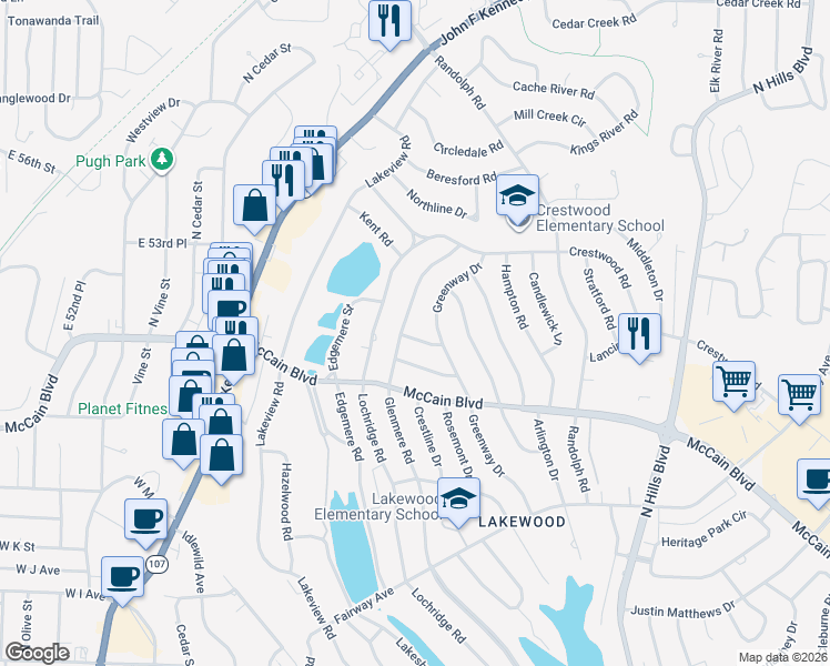 map of restaurants, bars, coffee shops, grocery stores, and more near 4912 Glenmere Road in North Little Rock