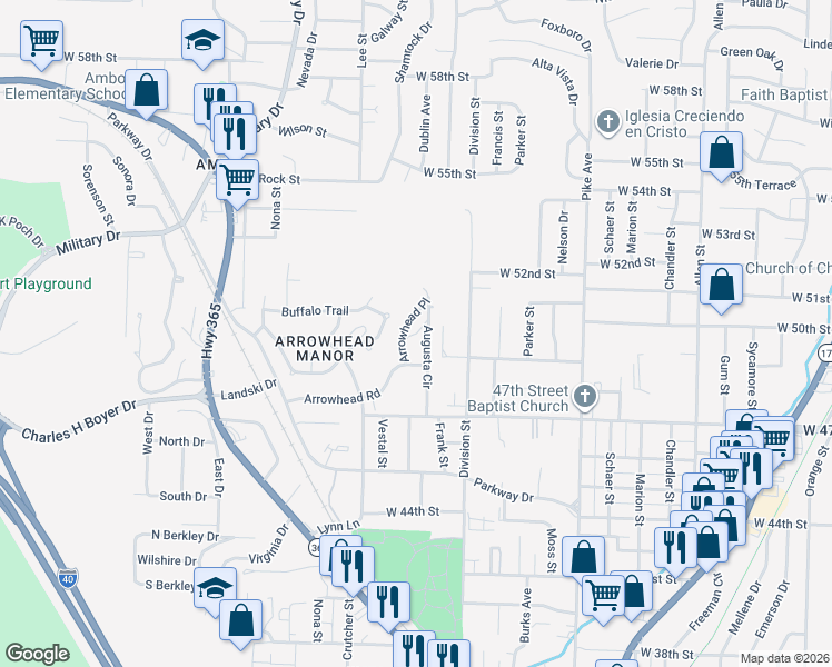 map of restaurants, bars, coffee shops, grocery stores, and more near 4907 Augusta Circle in North Little Rock