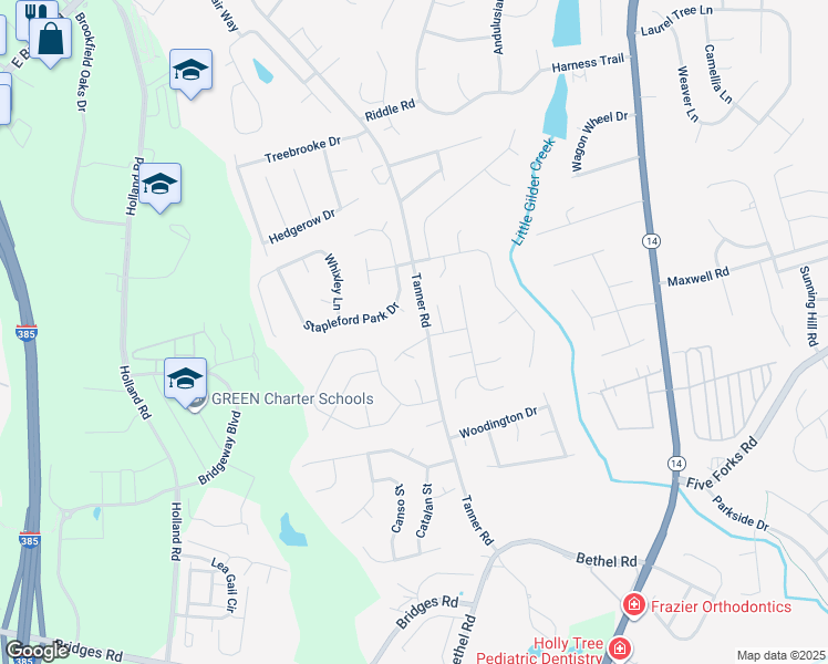 map of restaurants, bars, coffee shops, grocery stores, and more near 848 Tanner Road in Greenville