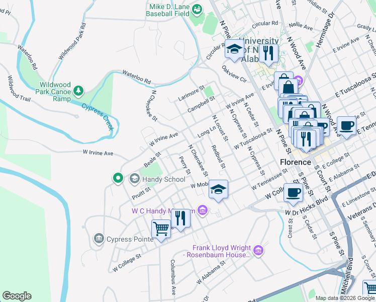map of restaurants, bars, coffee shops, grocery stores, and more near 707 Handy Homes in Florence