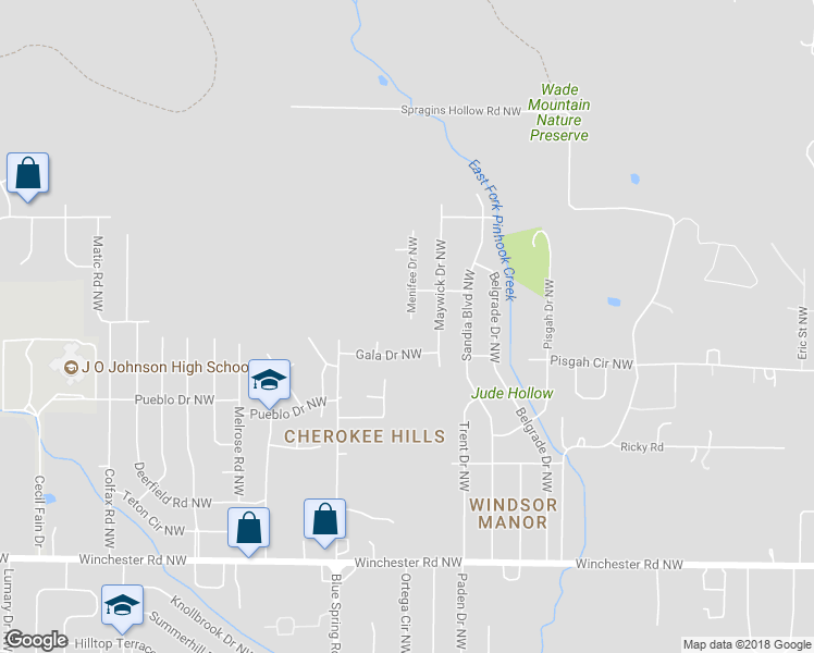 map of restaurants, bars, coffee shops, grocery stores, and more near 6201 Menifee Drive Northwest in Huntsville