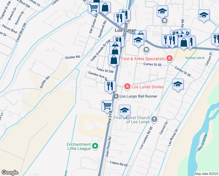 map of restaurants, bars, coffee shops, grocery stores, and more near 152 Gensen Drive Southwest in Los Lunas