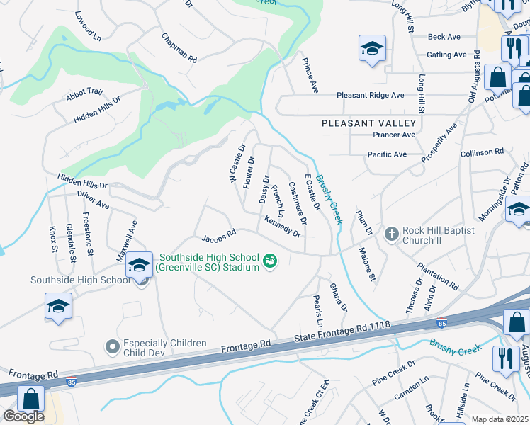 map of restaurants, bars, coffee shops, grocery stores, and more near 4 Daisy Drive in Greenville