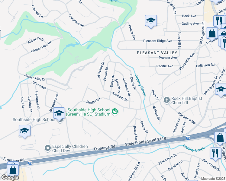 map of restaurants, bars, coffee shops, grocery stores, and more near 4 Daisy Drive in Greenville