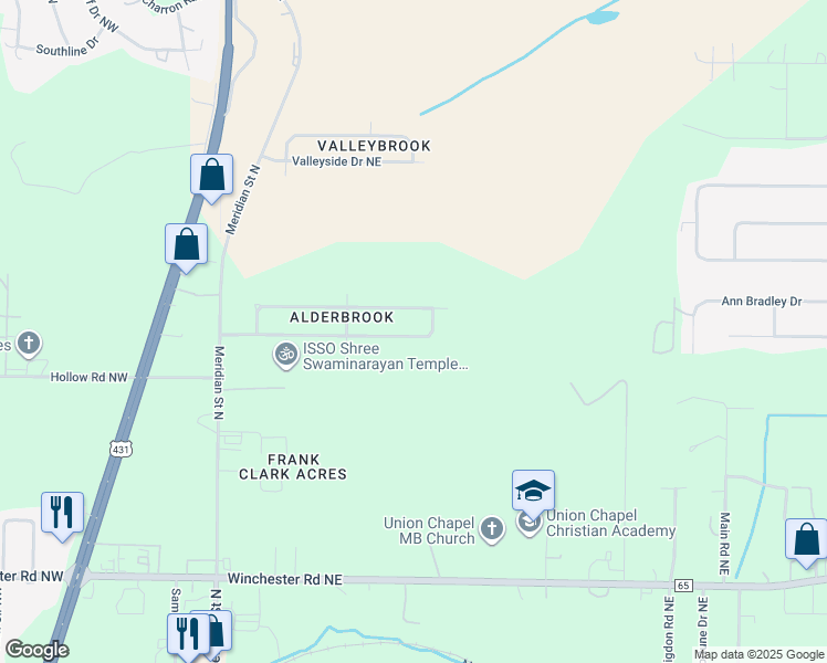 map of restaurants, bars, coffee shops, grocery stores, and more near 229 Whitestone Drive Northeast in Huntsville