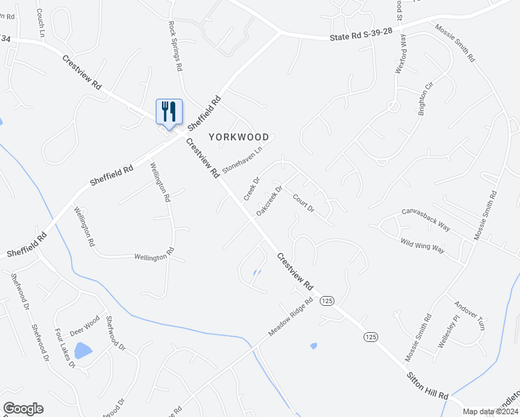 map of restaurants, bars, coffee shops, grocery stores, and more near 105 Oak Creek Drive in Easley