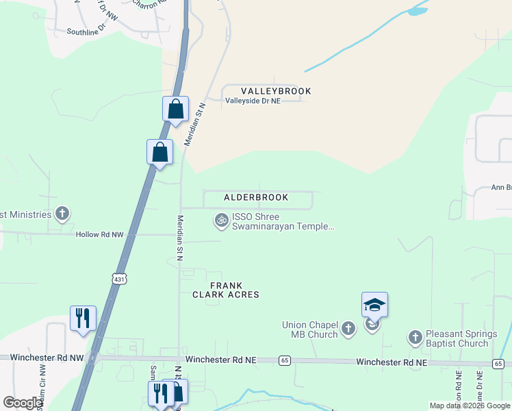 map of restaurants, bars, coffee shops, grocery stores, and more near 202 Whitestone Drive Northeast in Huntsville