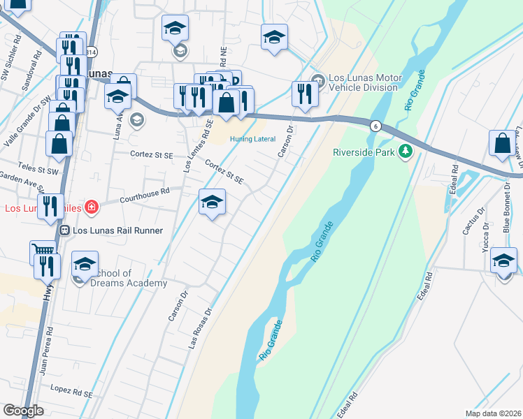 map of restaurants, bars, coffee shops, grocery stores, and more near 1168 Pine Court Southeast in Los Lunas
