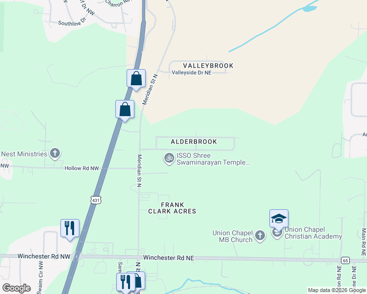map of restaurants, bars, coffee shops, grocery stores, and more near 141 Whitestone Drive Northeast in Huntsville