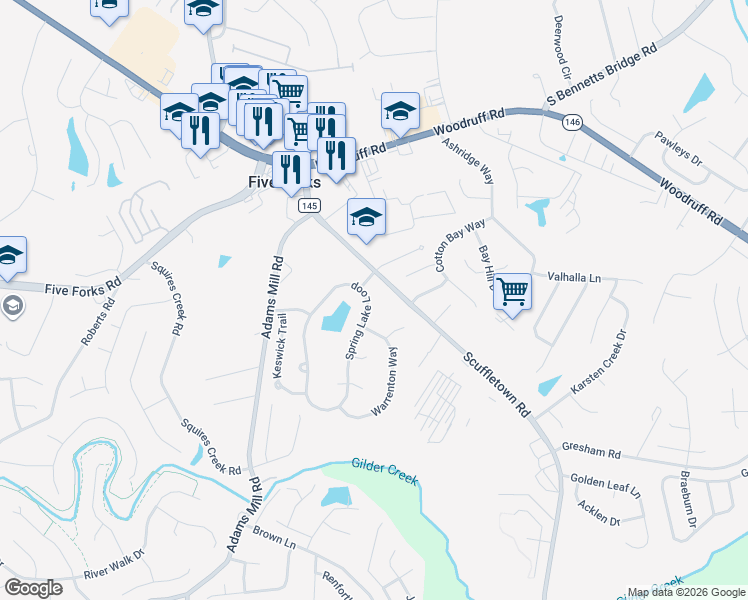 map of restaurants, bars, coffee shops, grocery stores, and more near 5 Warrenton Way in Simpsonville