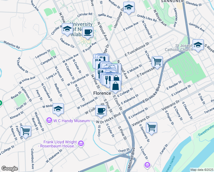 map of restaurants, bars, coffee shops, grocery stores, and more near 117 North Court Street in Florence