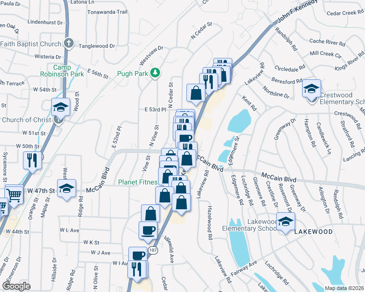 map of restaurants, bars, coffee shops, grocery stores, and more near 4950 North Walnut Road in North Little Rock