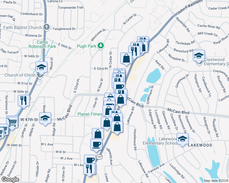 map of restaurants, bars, coffee shops, grocery stores, and more near 4905 North Walnut Road in North Little Rock