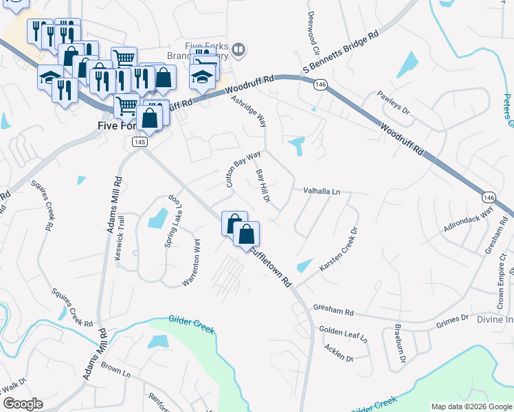 map of restaurants, bars, coffee shops, grocery stores, and more near 317 Cotton Bay Way in Simpsonville