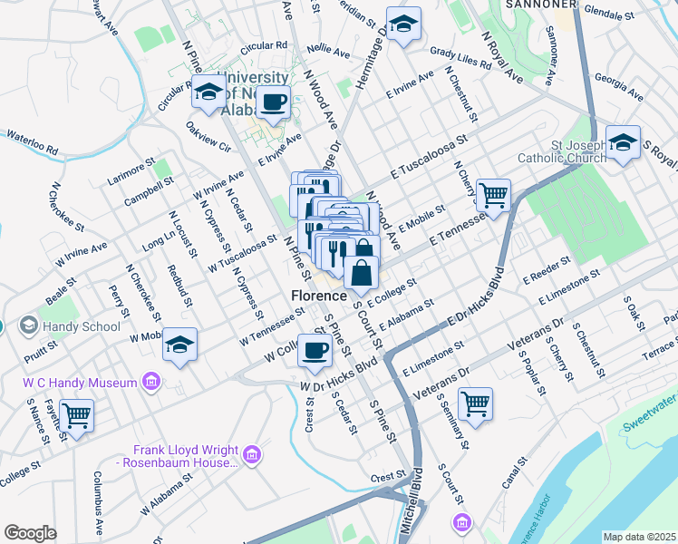 map of restaurants, bars, coffee shops, grocery stores, and more near 117 North Court Street in Florence