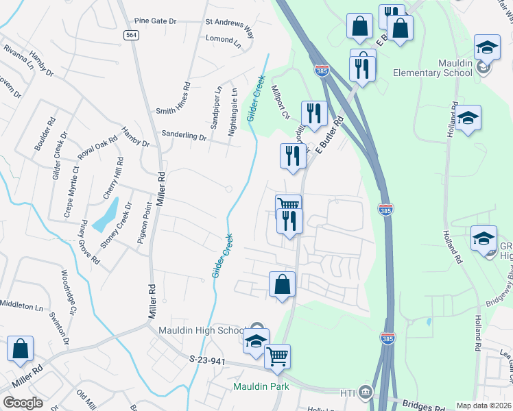 map of restaurants, bars, coffee shops, grocery stores, and more near 412 Woodbark Court in Mauldin
