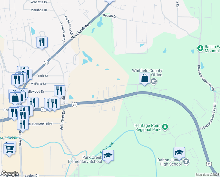 map of restaurants, bars, coffee shops, grocery stores, and more near 1505 Augusta Drive in Dalton
