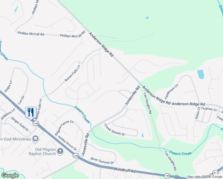 map of restaurants, bars, coffee shops, grocery stores, and more near 108 Jordan Crest Court in Simpsonville