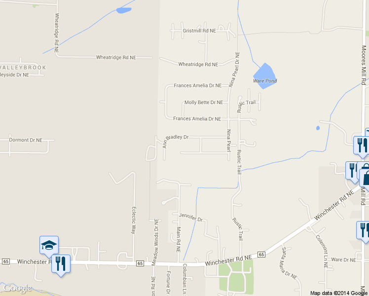 map of restaurants, bars, coffee shops, grocery stores, and more near 118 Ann Bradley Drive in Huntsville