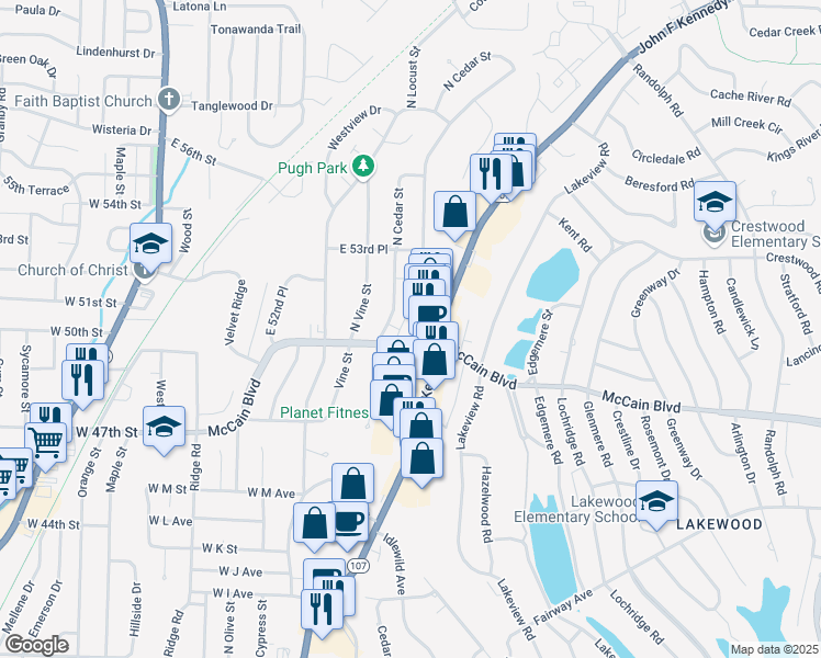 map of restaurants, bars, coffee shops, grocery stores, and more near 5005 North Walnut Road in North Little Rock