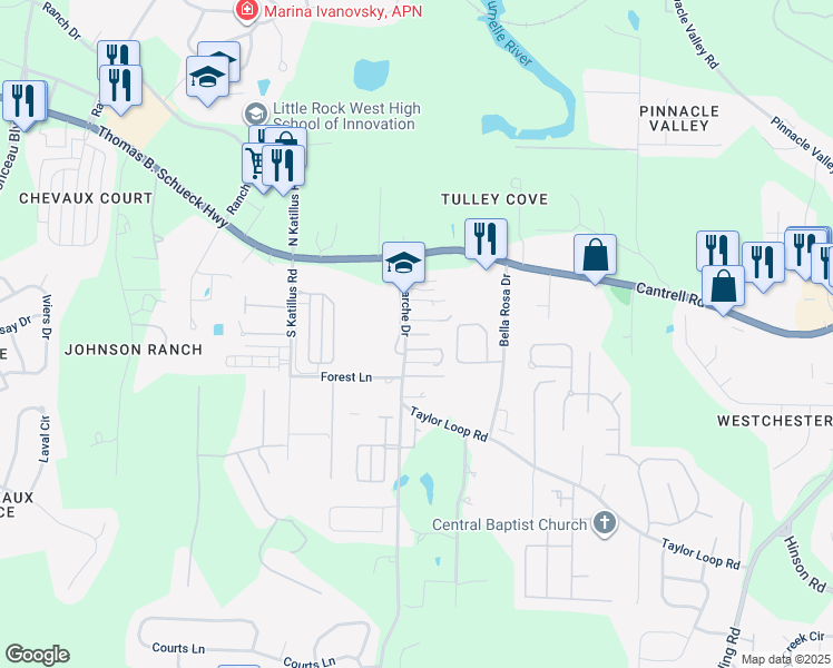 map of restaurants, bars, coffee shops, grocery stores, and more near Willow Way in Little Rock