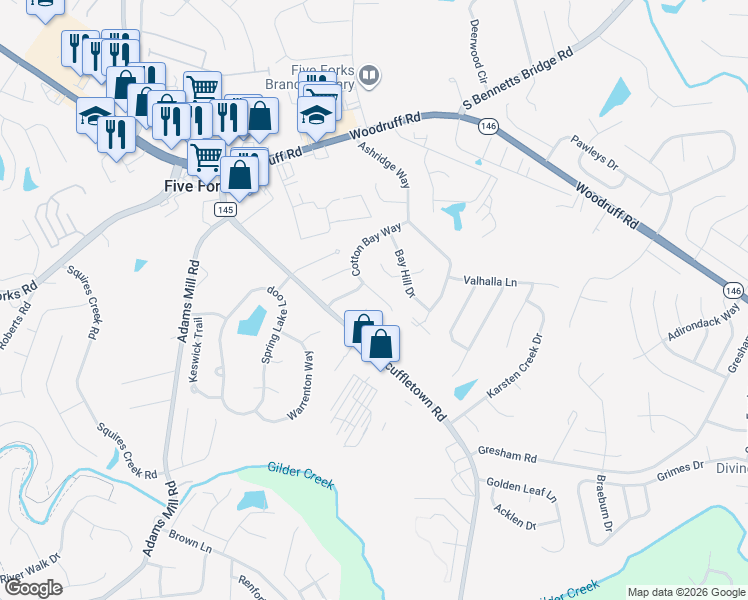 map of restaurants, bars, coffee shops, grocery stores, and more near 205 Cotton Bay Way in Simpsonville