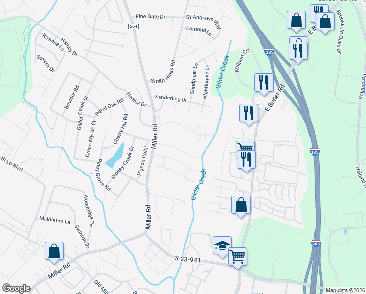 map of restaurants, bars, coffee shops, grocery stores, and more near 213 Burning Bush Road in Greenville