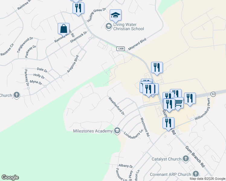 map of restaurants, bars, coffee shops, grocery stores, and more near 415 Weatherford Drive in Jacksonville