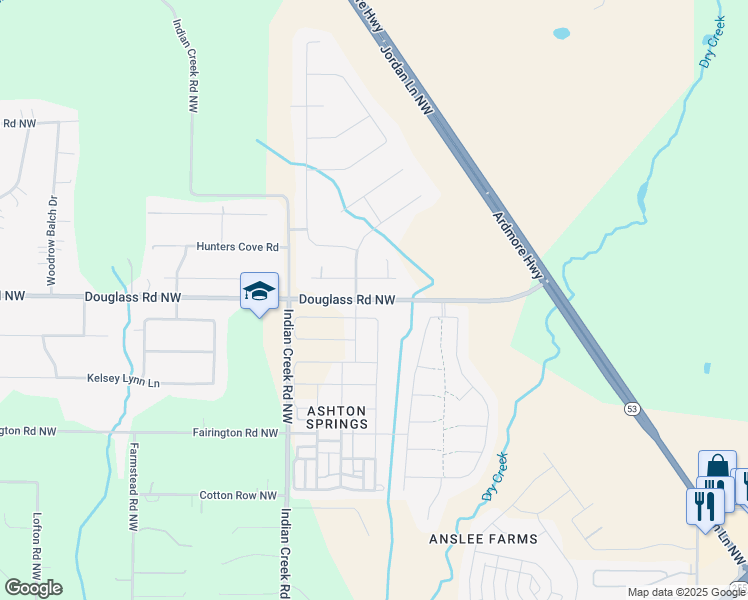 map of restaurants, bars, coffee shops, grocery stores, and more near 72 Douglass Road Northwest in Huntsville