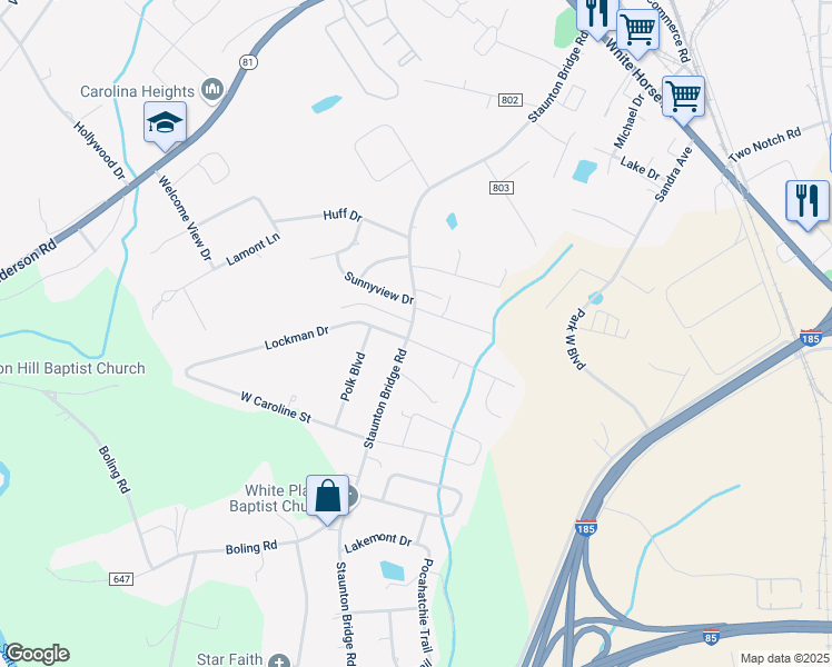 map of restaurants, bars, coffee shops, grocery stores, and more near 501 Staunton Bridge Road in Greenville
