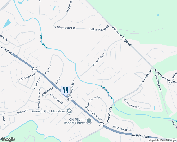 map of restaurants, bars, coffee shops, grocery stores, and more near 186 Raven Falls Lane in Simpsonville