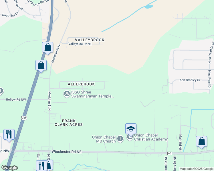 map of restaurants, bars, coffee shops, grocery stores, and more near 248 Whitestone Drive Northeast in Huntsville