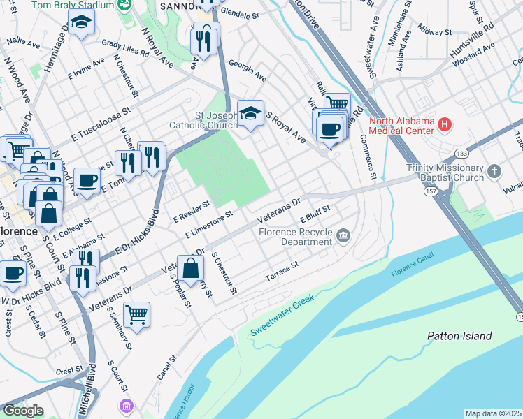 map of restaurants, bars, coffee shops, grocery stores, and more near 1024 East Limestone Street in Florence