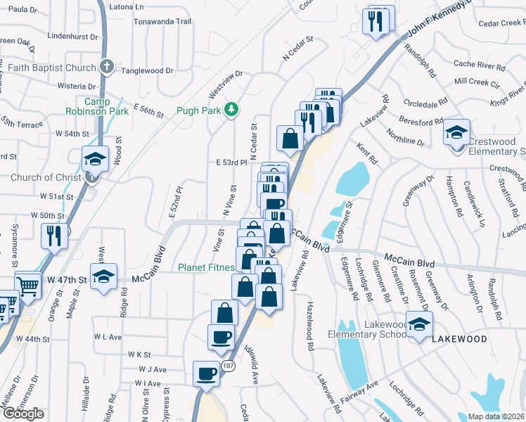 map of restaurants, bars, coffee shops, grocery stores, and more near 4909 North Walnut Road in North Little Rock