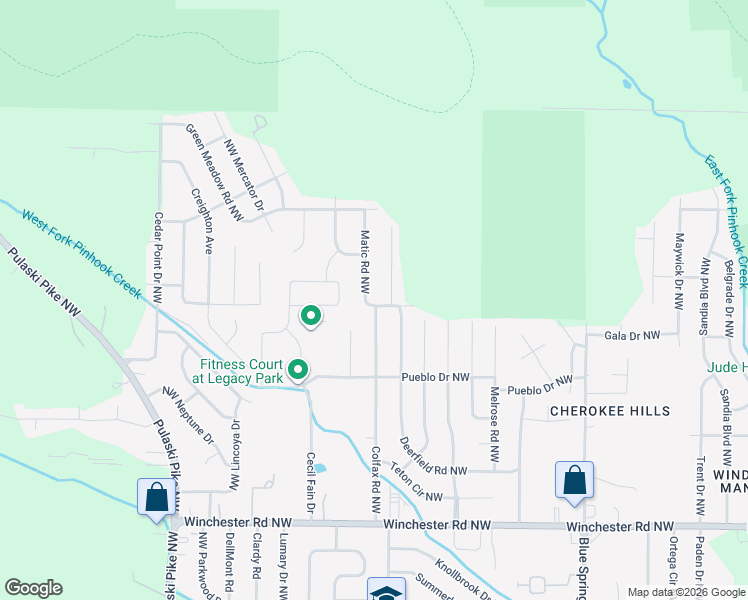 map of restaurants, bars, coffee shops, grocery stores, and more near 3405 Deerfield Road Northwest in Huntsville