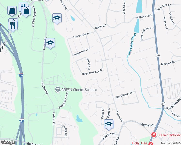 map of restaurants, bars, coffee shops, grocery stores, and more near 199 Stapleford Park Drive in Greenville