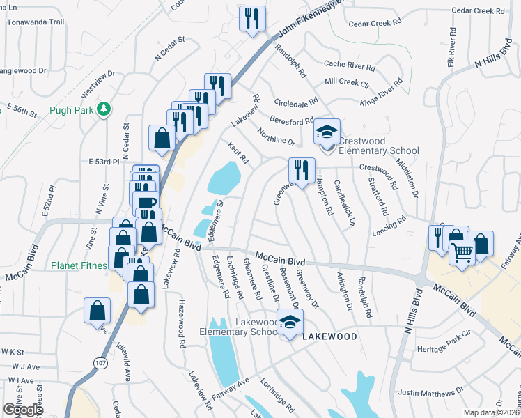 map of restaurants, bars, coffee shops, grocery stores, and more near 5101 Glenmere Road in North Little Rock
