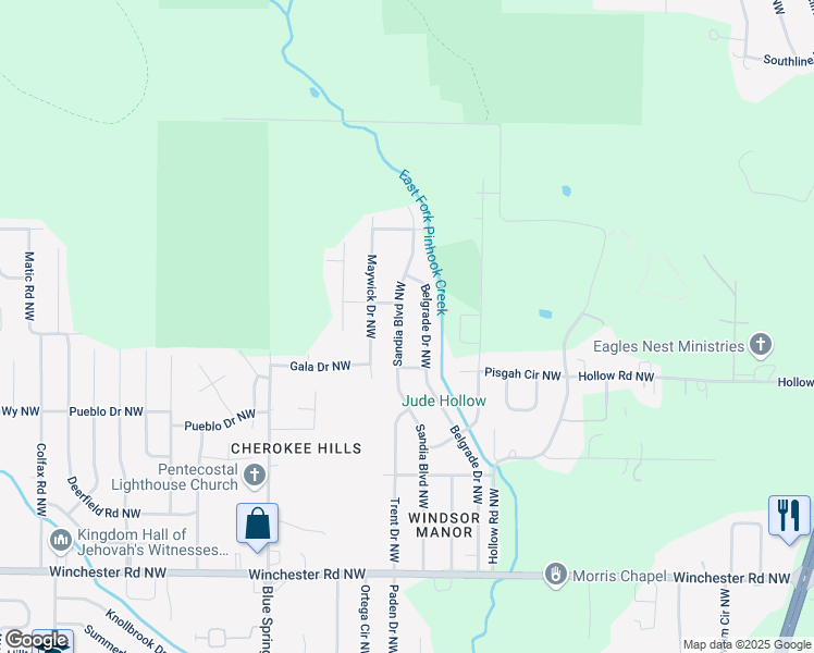 map of restaurants, bars, coffee shops, grocery stores, and more near 2201 Desha Avenue Northwest in Huntsville