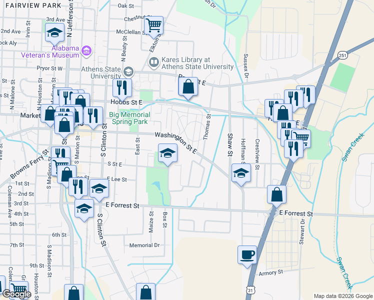map of restaurants, bars, coffee shops, grocery stores, and more near 702 Washington Street East in Athens