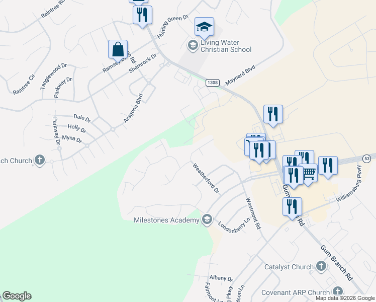map of restaurants, bars, coffee shops, grocery stores, and more near 415 Weatherford Drive in Jacksonville