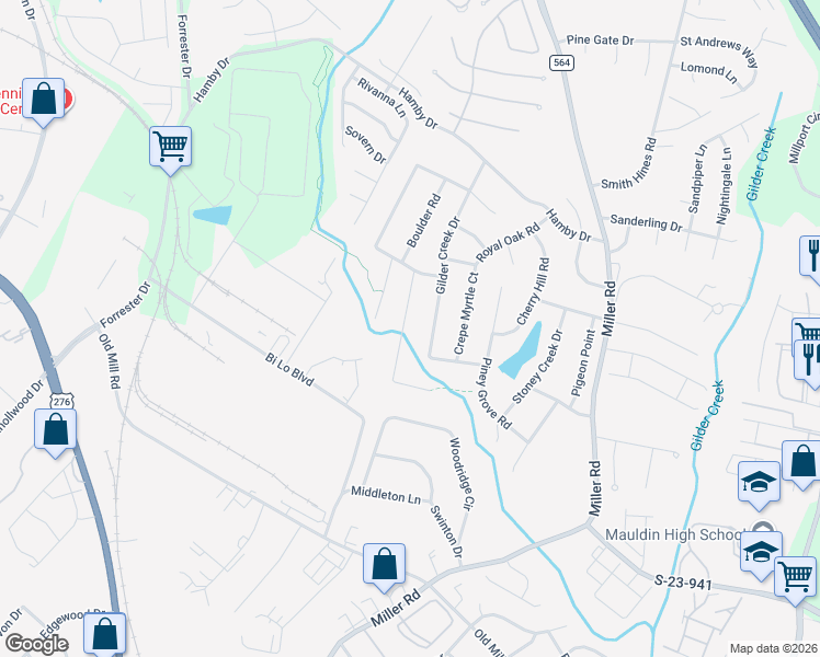 map of restaurants, bars, coffee shops, grocery stores, and more near 207 Overcreek Road in Greenville