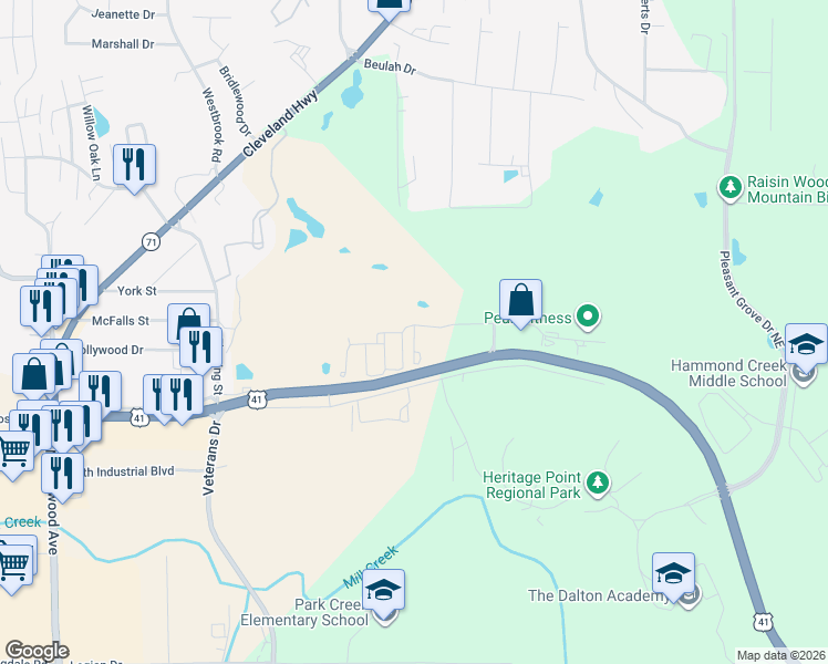 map of restaurants, bars, coffee shops, grocery stores, and more near 1505 Bentgrass Lane in Dalton