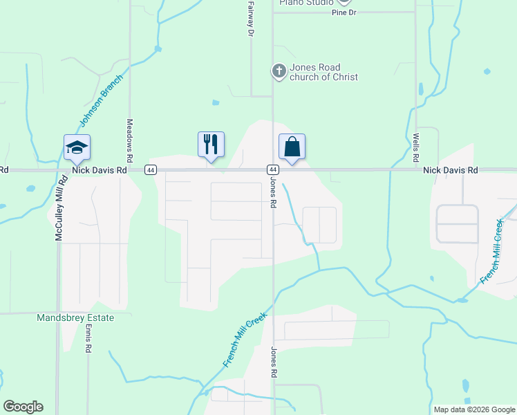 map of restaurants, bars, coffee shops, grocery stores, and more near 16912 Jones Road in Athens