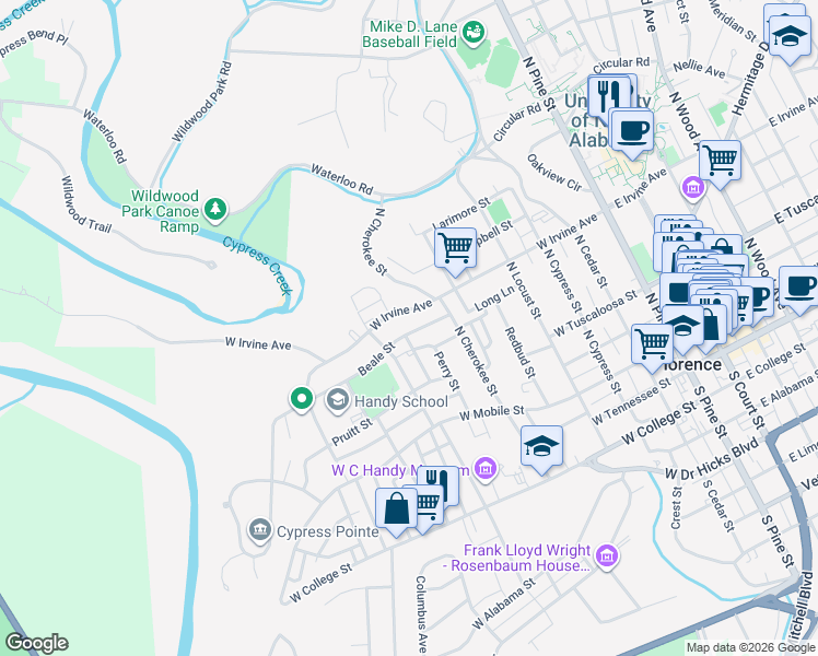 map of restaurants, bars, coffee shops, grocery stores, and more near 322-899 West Irvine Avenue in Florence