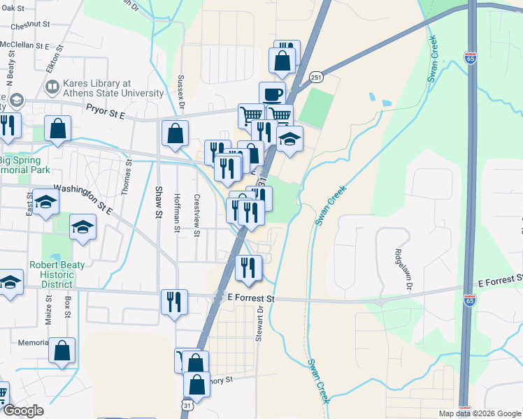 map of restaurants, bars, coffee shops, grocery stores, and more near 107 U.S. 31 in Athens