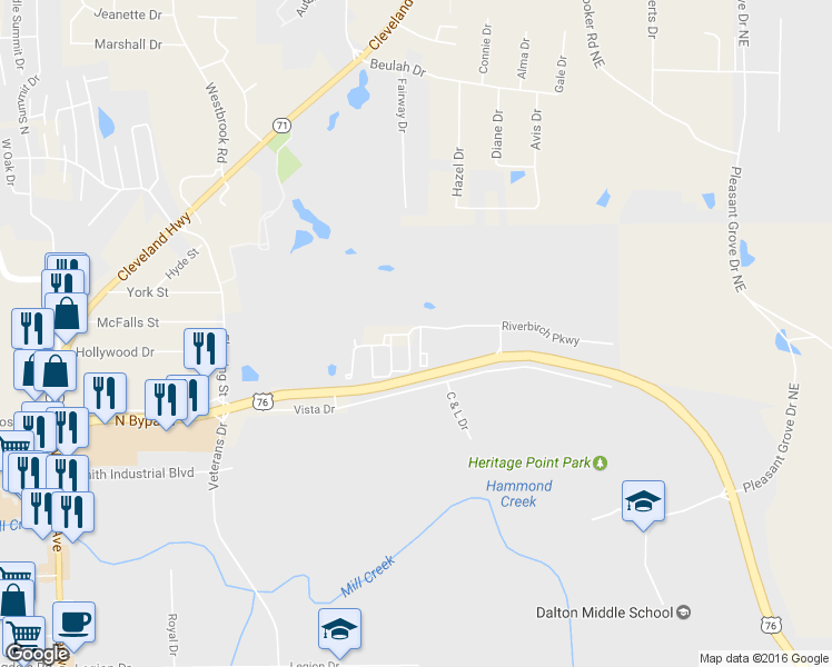 map of restaurants, bars, coffee shops, grocery stores, and more near 1505 Bentgrass Lane in Dalton