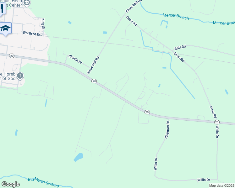 map of restaurants, bars, coffee shops, grocery stores, and more near 1753 North Carolina 20 in Saint Pauls