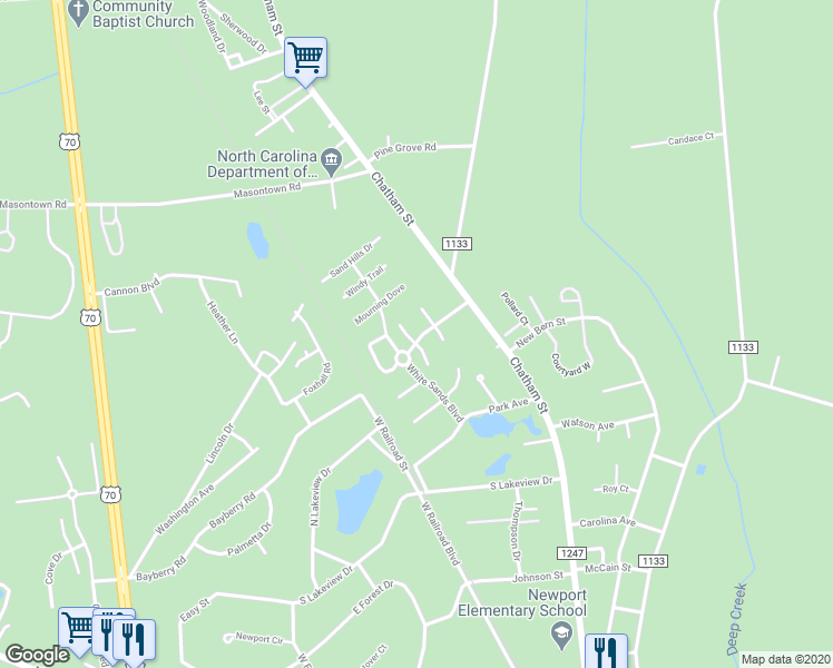 map of restaurants, bars, coffee shops, grocery stores, and more near 412 Red Fox Trail in Newport